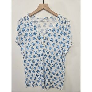 Loft Outlet Womens Blue Floral V-Neck Henley Top Smocked Short Sleeve Rayon L